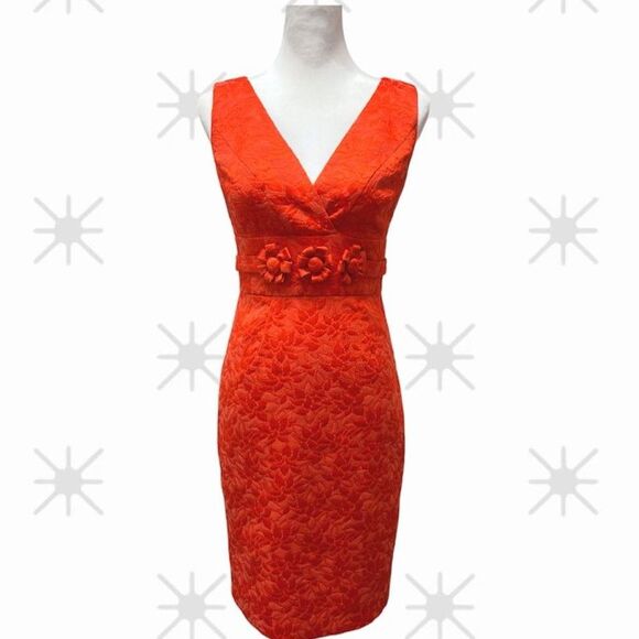 Ellen Tracy Jacquard Floral Orange V-neck Sleeveless Sheath Dress Size Small - Picture 2 of 14